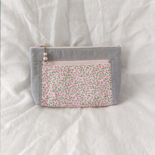 Devon Pouch - Pink Ed with Grey Linen