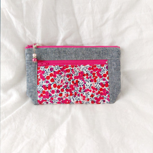 Devon Pouch - Red Wiltshire with Indigo Linen